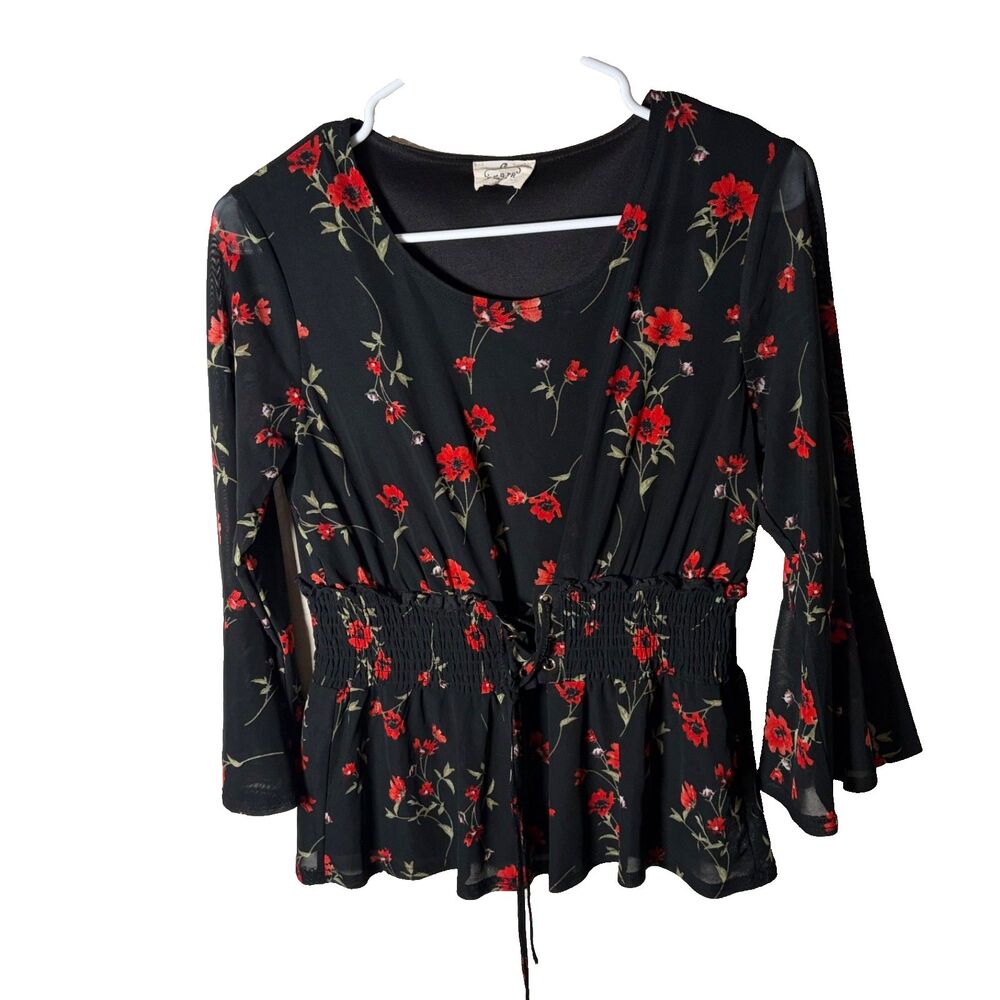 Ember Blouse Women's Medium Black Floral Flare 3/4 Sleeve Boho Tie Casual Top